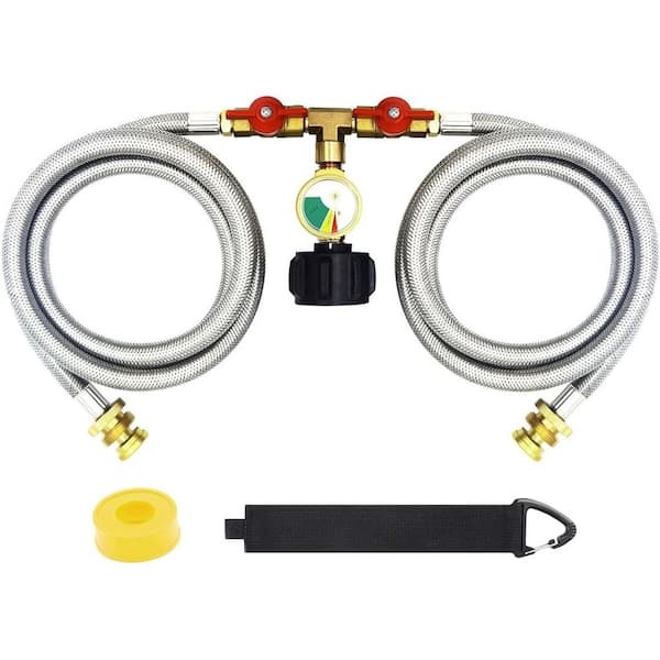 5FT Stainless Braided Propane 2 Way Splitter Adapter Hose with Shut Off Valve and Gauge 1lb to 20lb Converter