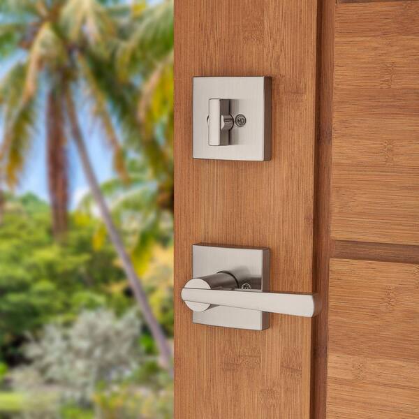 Baldwin      Prestige Spyglass Single Cylinder Satin Nickel Door Handleset with Square Spyglass Door Lever Feat SmartKey Security