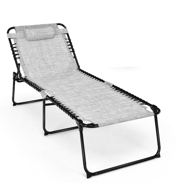 Gymax Grey Metal Fabric Folding Reclining Lounge Chaise 4-Position Backrest Portable Beach Chair