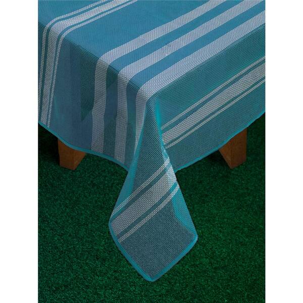 Lintex Bistro Stripe 60 in. x 84 in. Blue Vinyl and Poly Tablecloth