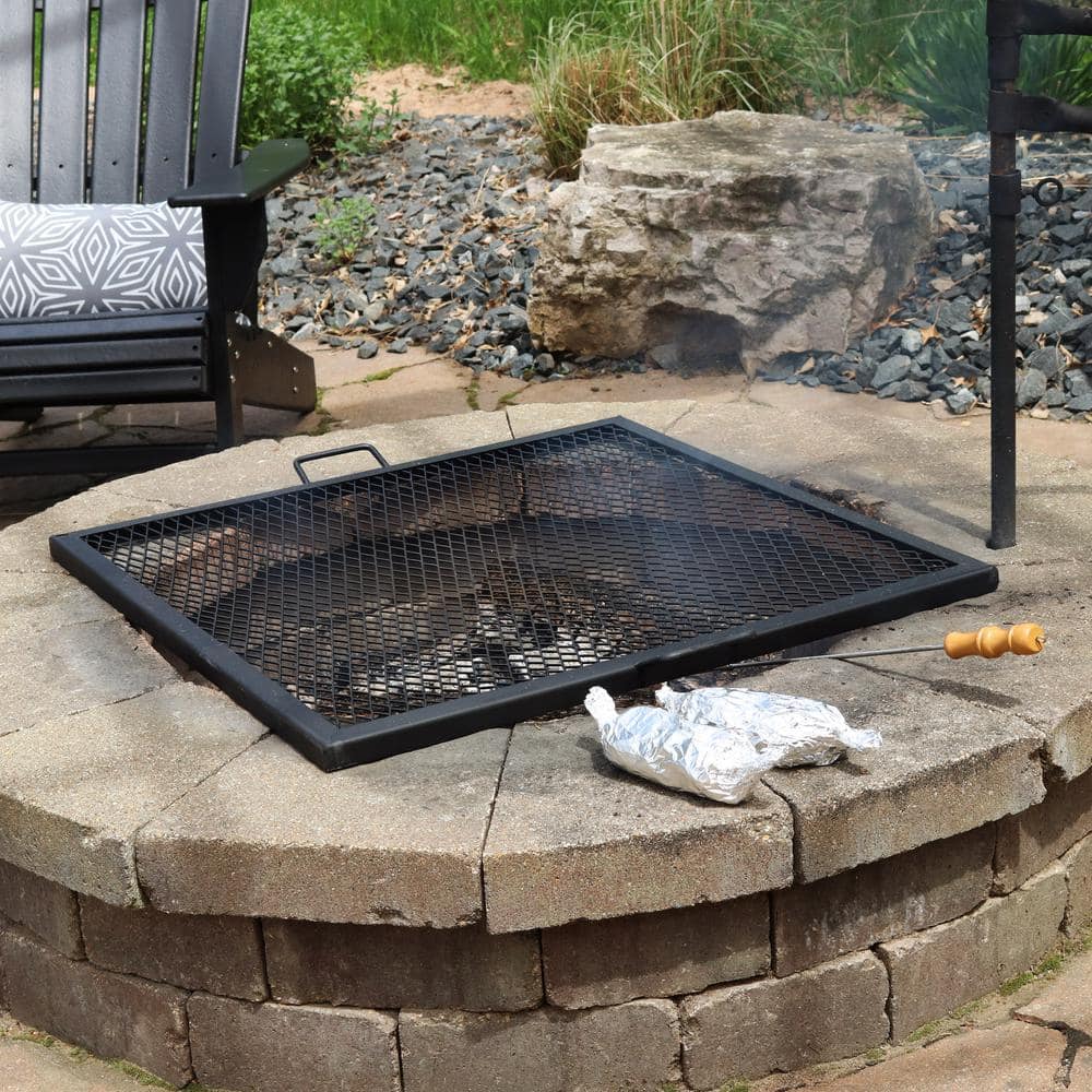 Heavy-Duty Black Steel Square Fire Pit Cooking Grill with Handles
