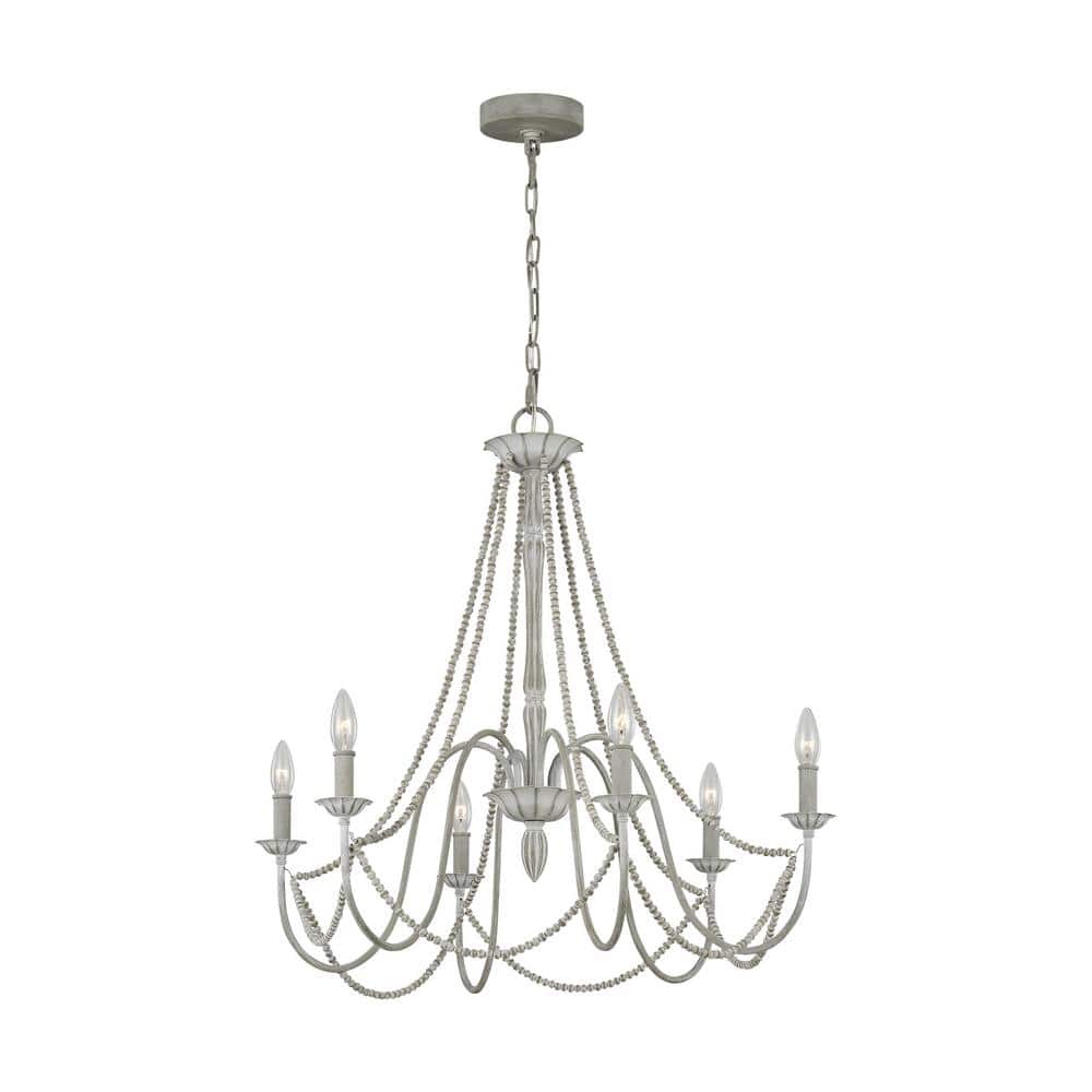 Elegant Washed Grey Wood Bead 6-Light Outdoor Chandelier