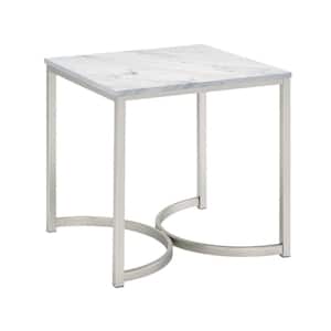 22 in. White and Satin Nickel Rectangle Faux Marble End Table with Cantilever Steel Base