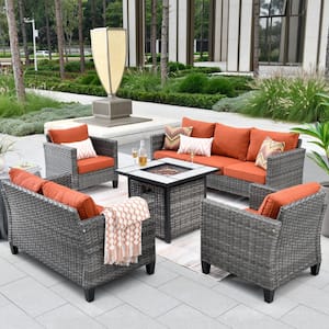 Chelan Gray 5-Piece Wicker Outdoor Patio Conversation Sofa Loveseat Set with a Fire Pit and Red Cushions