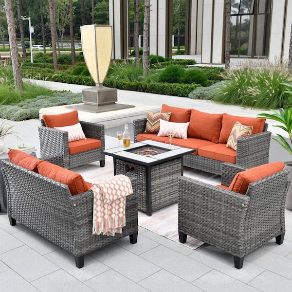 HOOOWOOO Chelan Gray 5-Piece Wicker Outdoor Patio Conversation Sofa Loveseat Set with a Fire Pit and Red Cushions
