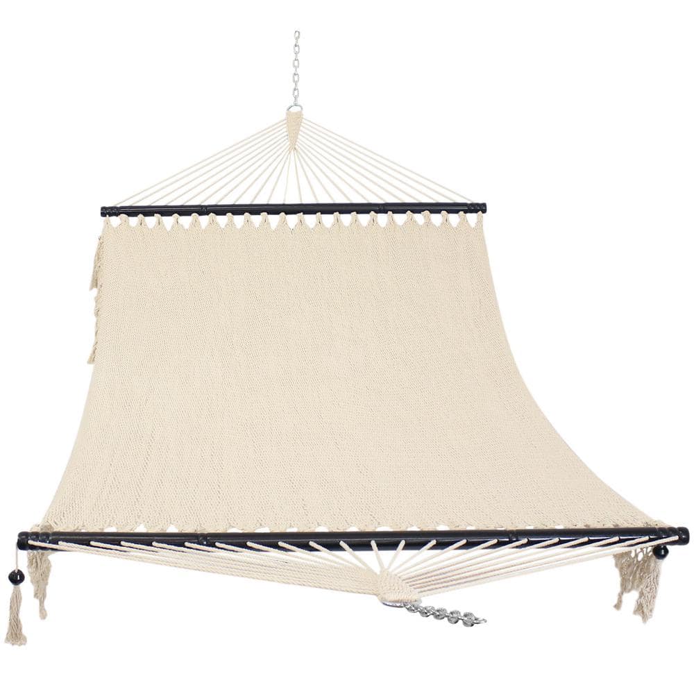 Beige Woven Polyester Hammock with Wooden Spreader Bars