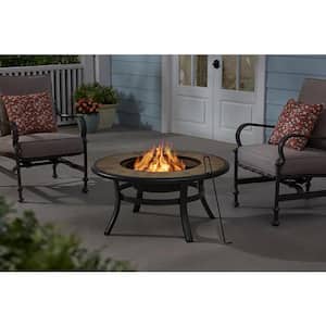 Whitfield 38 in. Round Black Steel Wood-Look Tile Top Wood Burning Fire Pit