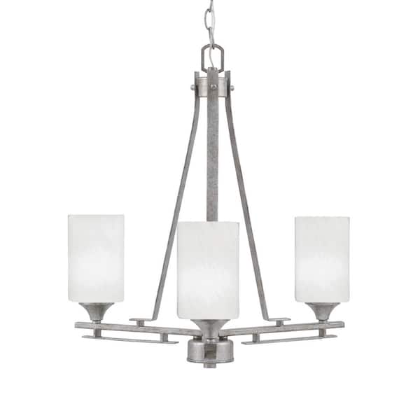 Unbranded Ontario 17.5 in. 3-Light Aged Silver Geometric Chandelier for Dinning Room with White Marble Shades, No Bulbs Included