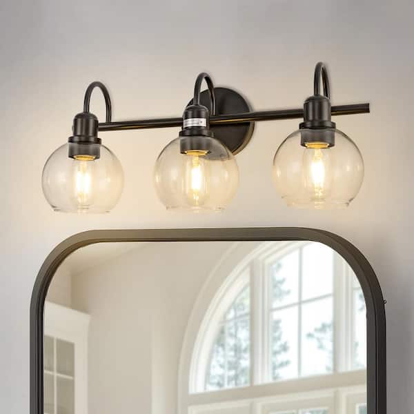20 in. 3-Light Matte Black Industrial 3-Light Bathroom Vanity Light with Clear Glass Globe Shades Bathroom