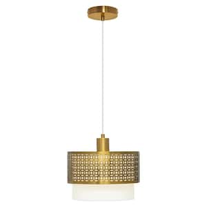 Lorelei 11.125 in. Brushed Gold Metal Pendant Light with Gold Metal Collar and White Fabric Drum Shade