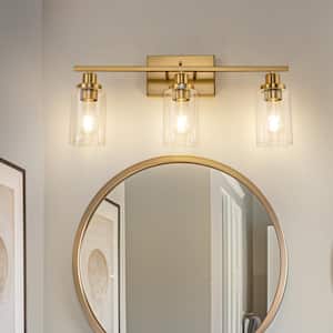 24 in. 3-Light Industrial Gold Vanity Light Fixtures for Bathroom with Clear Glass Shades