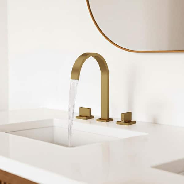 8 in. Widespread Waterfall High-Arc 2-Handle Bathroom Faucet 1.2 GPM at 60 PSI Pop-Up Drain Included in Brushed Gold