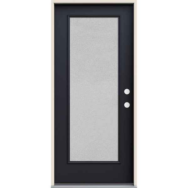 JELD-WEN 36 in. x 80 in. Left-Hand Full Lite Decorative Micro-Granite Frosted Glass Black Fiberglass Prehung Front Door