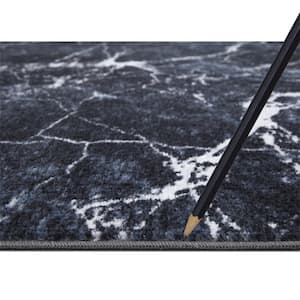 Eden Collection Marble Black 2 ft. x 7 ft. Machine Washable Abstract Indoor Area Rug