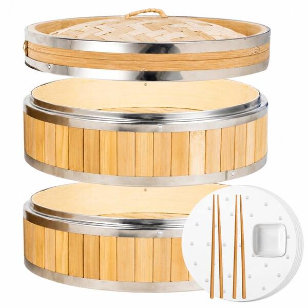 11.8 in 2-Tier Vertical Bamboo Steamer with Stainless Steel Rings, 50 Liners, Sauce Dish, and Chopsticks
