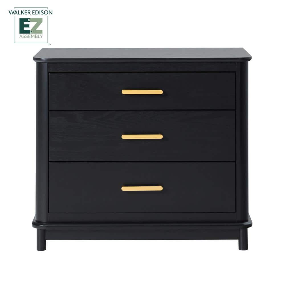 Black Solid Wood 3-Drawer Nightstand with Gold Handles