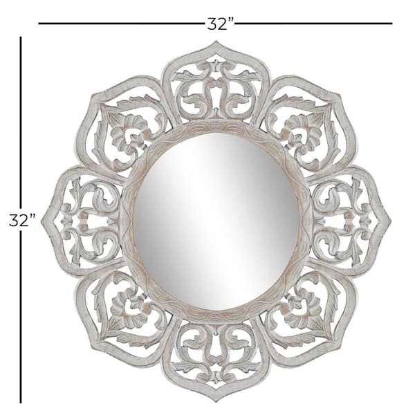 Litton Lane 32 In X Round Distressed White Fl Carved Wood Framed Wall Mirror 22338 The Home Depot Litton Lane 32 In X Round, Carved Wooden Round Mirror