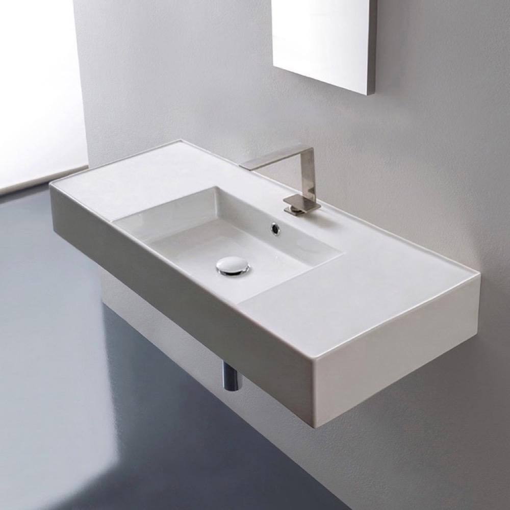 Glossy White Ceramic Wall-Mount Vessel Sink with Overflow