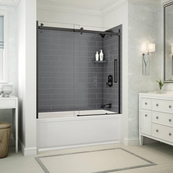 Utile Metro 32 in. x 60 in. x 81 in. Bath and Shower Combo in Thunder Grey,  New Town Right Drain, Halo Door Matte Black