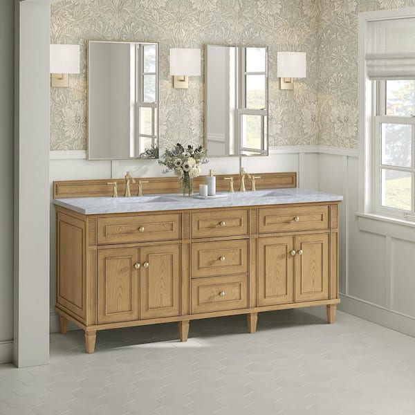 James Martin Vanities Lorelai 72.0 in. W. x 23.5 in. D x 34.06 in. H Double Bathroom Vanity in Light Natural Oak with Carrara White Marble Top