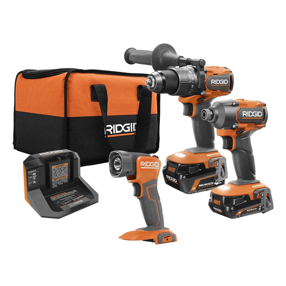 18V Brushless Cordless 3-Tool Combo Kit with Hammer Drill, Impact Driver, LED Work Light, (2) Batteries, Charger and Bag -  RIDGID, R9208-R8695