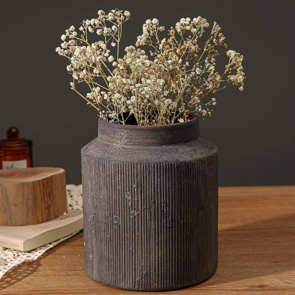 7in. Dark Brown Rustic Cylindrical Vases for Home Decor, Ceramic