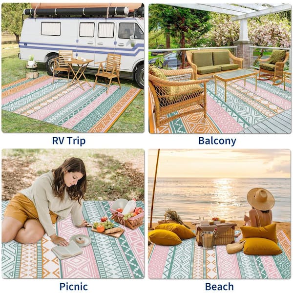9*18FT Four colors Boho Reversible Waterproof Outdoor Patio Rug, for Deck/Porch/Balcony/Backyard/Picnic
