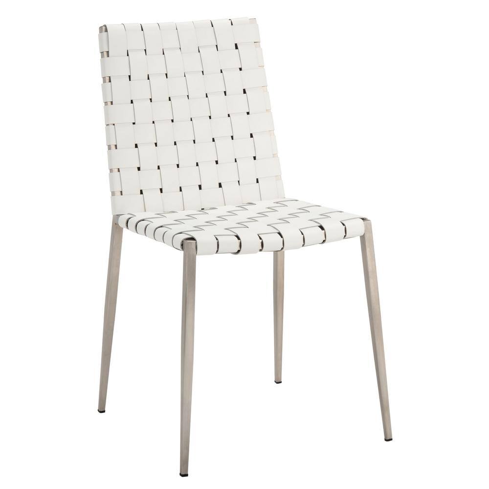 White Leather Upholstered Parsons Side Chair with Metal Base