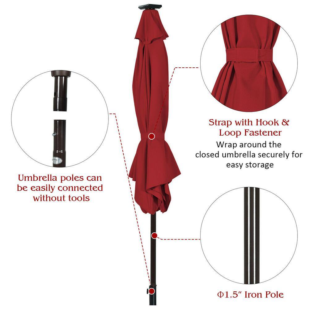 Dark Red 9 ft. Solar LED Lighted Market Patio Umbrella with Crank Lift