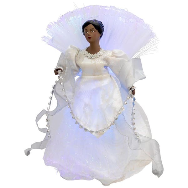 Lighted Fiber Optic African American Angel Christmas Tree Topper-12"-Silver