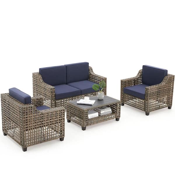 EROMMY 4-Piece Wicker Rattan Patio Conversation Set with Blue Cushions, Patio Furniture Set with Cushions and HDPE Table