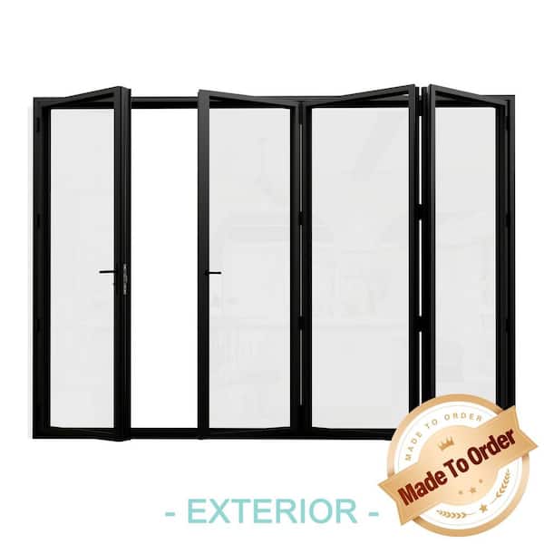 132 in. x 96 in. Right Hand Folding Double Tempered Glass Black Aluminum Folding Patio Door