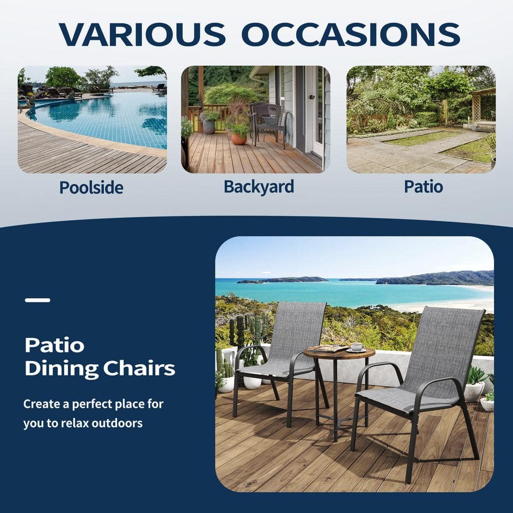 Gray Stackable Steel Frame Outdoor Dining Armchairs, Set of 4