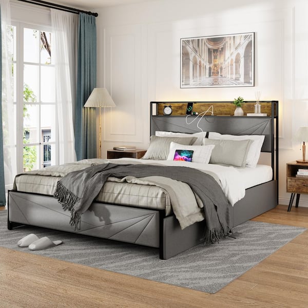 sumyeg Dark Gray Wood Frame Queen Platform Bed with 4 Storage Drawers and 2 USB Ports