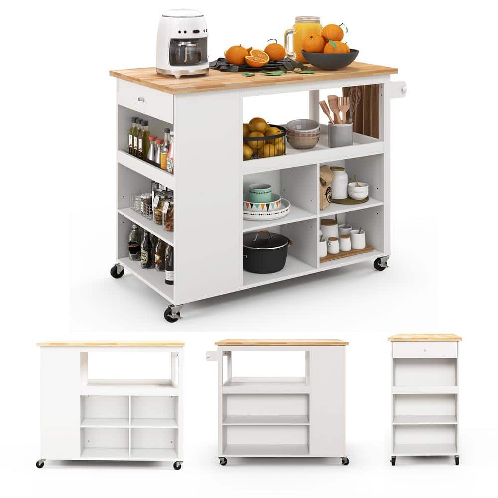 White Kitchen Cart with Rubber Wood Countertop and Storage Shelves
