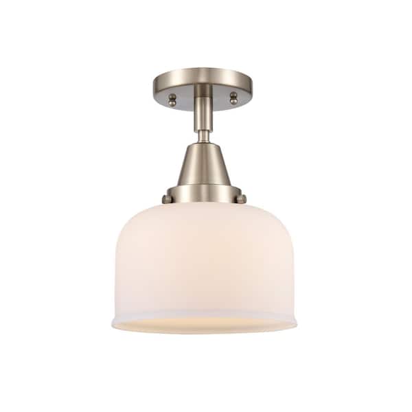 Innovations Bell 8 in. 1-Light Brushed Satin Nickel, Matte White Flush Mount with Matte White Glass Shade