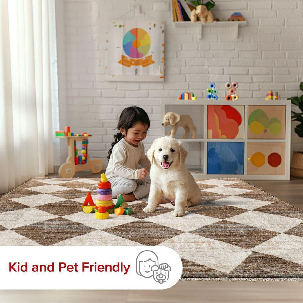 Meline Beige and Brown Checkered Rectangular Area Rug