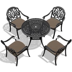 Elizabeth Black 5-Piece Cast Aluminum Outdoor Dining Set with 35.43 in. Round Table and Random Color Seat Cushions