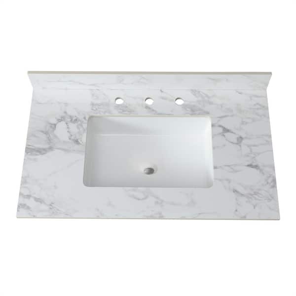 37.01 in. W x 22.01 in. D Sintered Stone White Rectangular Single Sink Bathroom Vanity Top in White