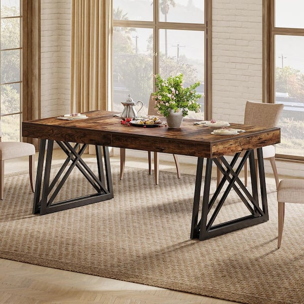 Halseey Brown Black Wood 63 in. Rectangle Pedestal Dinner Kitchen Dining Table Seats 6 Sturdy Heavy Duty Frame Farmhouse