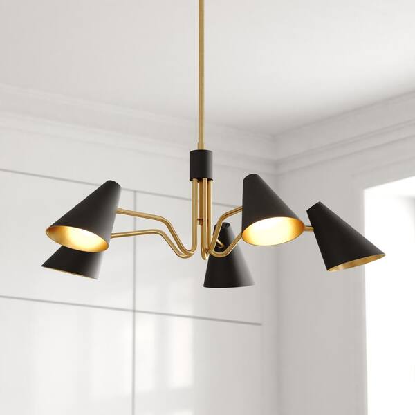VAXCEL Pryce 5-Light Matte Black with Gold Satin Brass Accents Mid-Century Modern Chandelier - Metal Shades