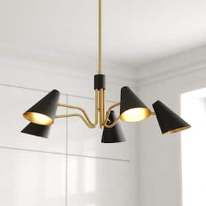 Pryce 5-Light Matte Black with Gold Satin Brass Accents Mid-Century Modern Chandelier - Metal Shades