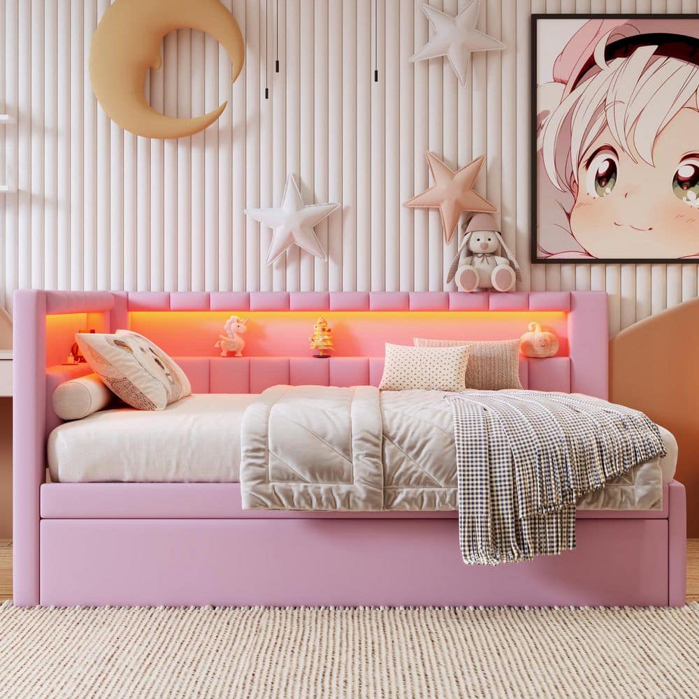 Pink Wood Frame Full Upholstered Platform Bed with Trundle, USB Ports and LED Belt price history on PriceWatchPro