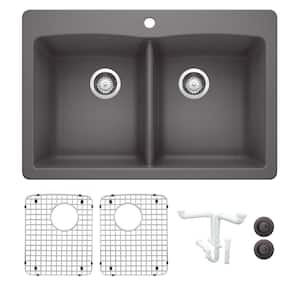 Diamond 33 in. Drop-in/Undermount Double Bowl Cinder Granite Composite Kitchen Sink Kit with Accessories