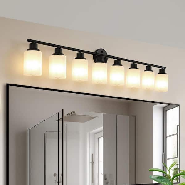 Modern 52 in. 8-Light Black Vanity Light Bathroom Mirror, Frosted White Glass, Iron Frame, Contemporary Wall Sconce