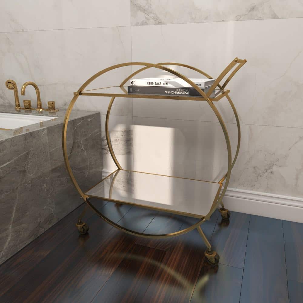 Elegant Gold Metal Bar Cart with Mirrored Shelves and Wheels