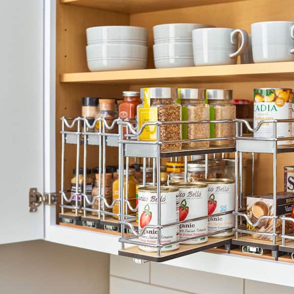 Light Brown Melamine 9 in. Pullout Organizer for Cabinets, 2 Tier Upright Shelf