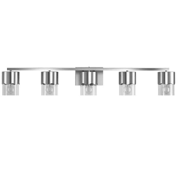 Austin 43 in. Modern 5-Light Electroplating Satin Nickel Vanity Light with Clear Glass