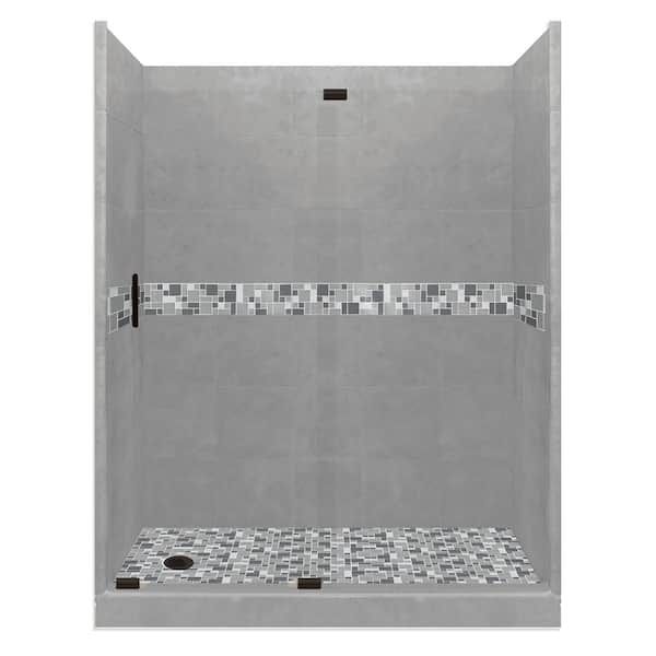 American Bath Factory Newport Grand Slider 32 in. x 60 in. x 80 in. Left Drain Alcove Shower Kit in Wet Cement and Black Pipe Hardware