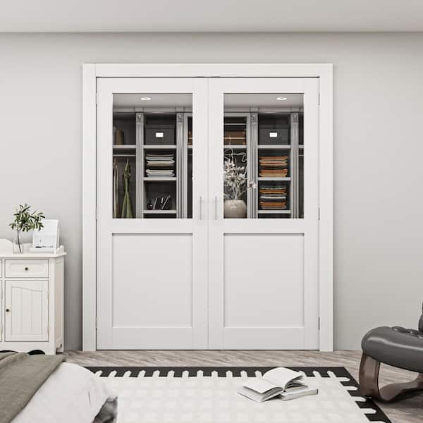 72 in. x 80 in. 1/2 Lite CLear Glass White Solid Core French Door without Jamb Double Interior Door Slab with Ball Catch